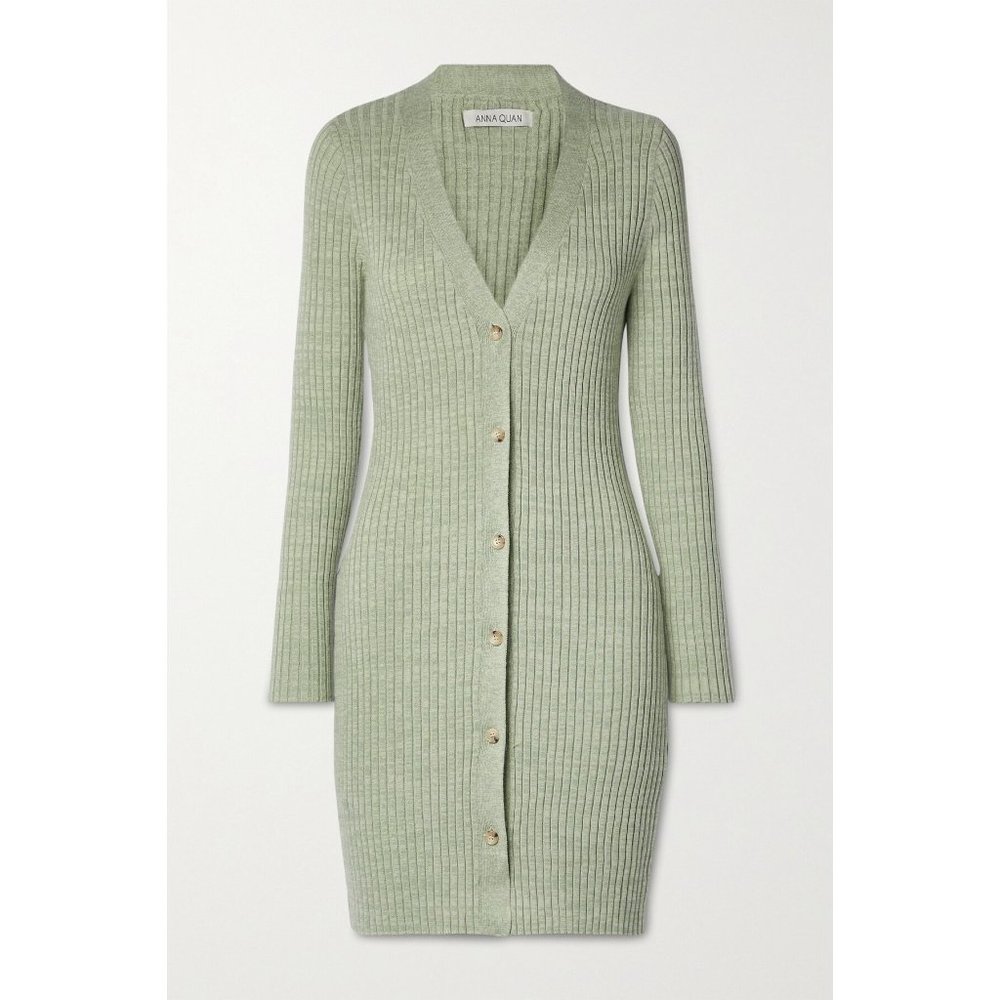 Anna Quan Sage Green Ribbed Button-Front Knit Dress